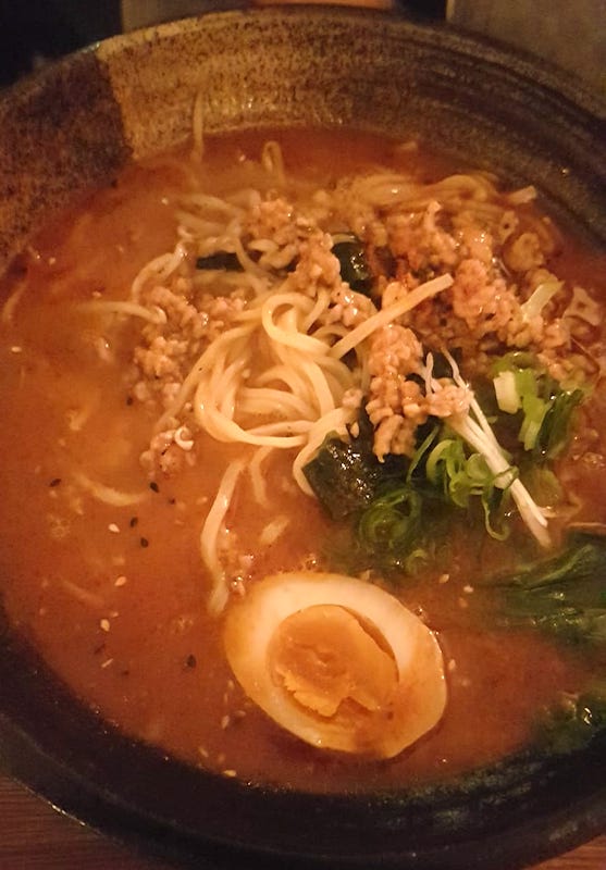 Bowl of Tantan Men with extra egg from Betsu Bara