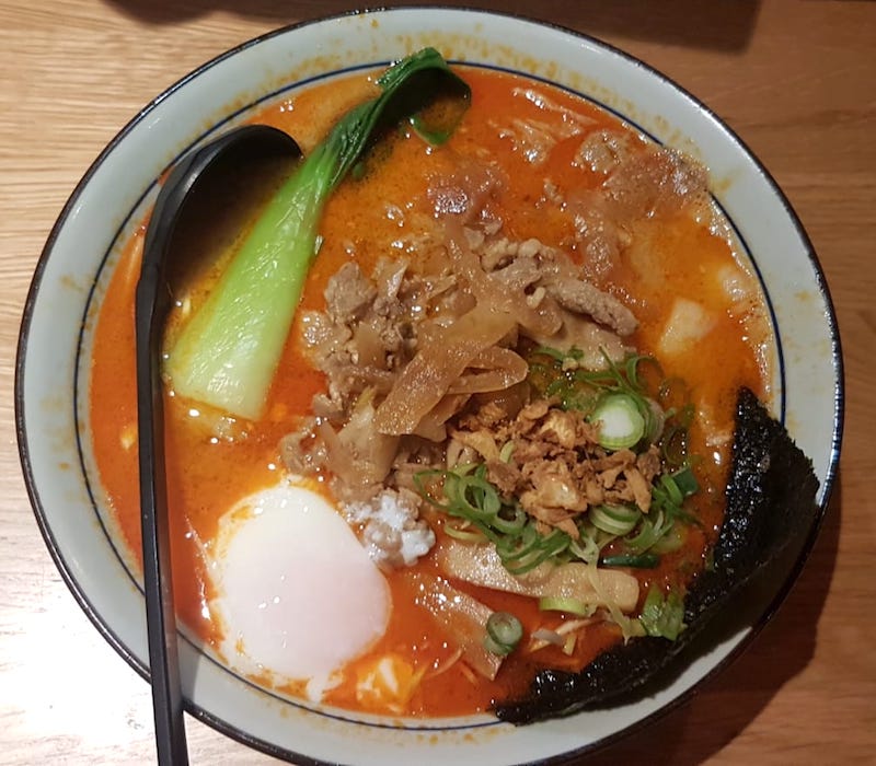 Bowl of Spicy Buta Tama Miso Ramen from Umaimon